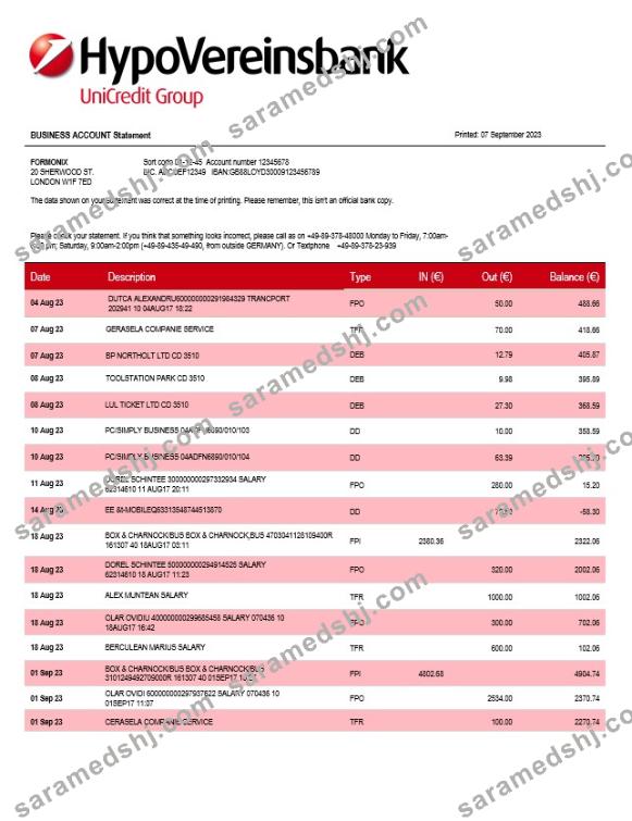 HypoVereinsbank enterprise statement Word and PDF template